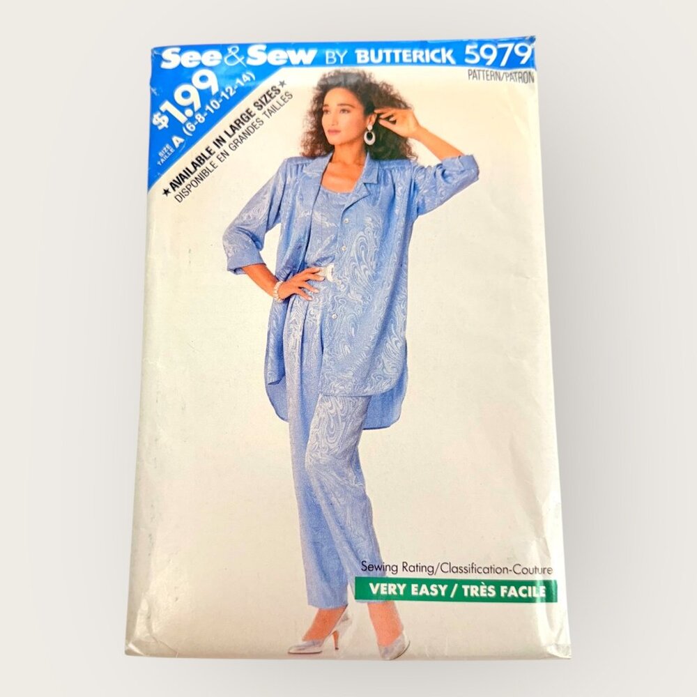 Vintage 1980s Butterick Sewing Pattern 5979 Misses Shirt Top Pants Size 6-14